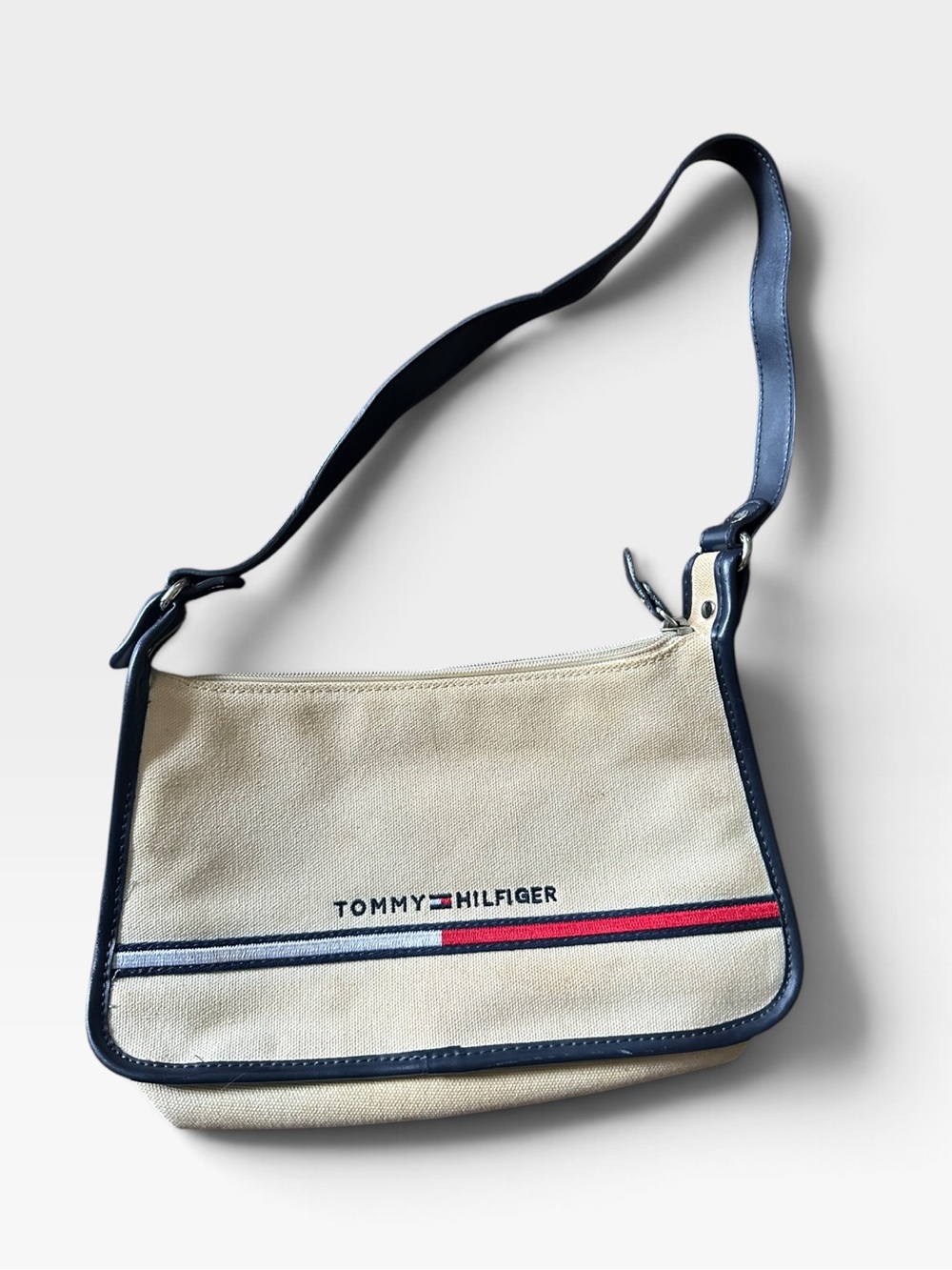 Y2K Tommy Hilfiger Cream Canvas Shoulder Bag with Navy Trim and Red-Blue Stripe
